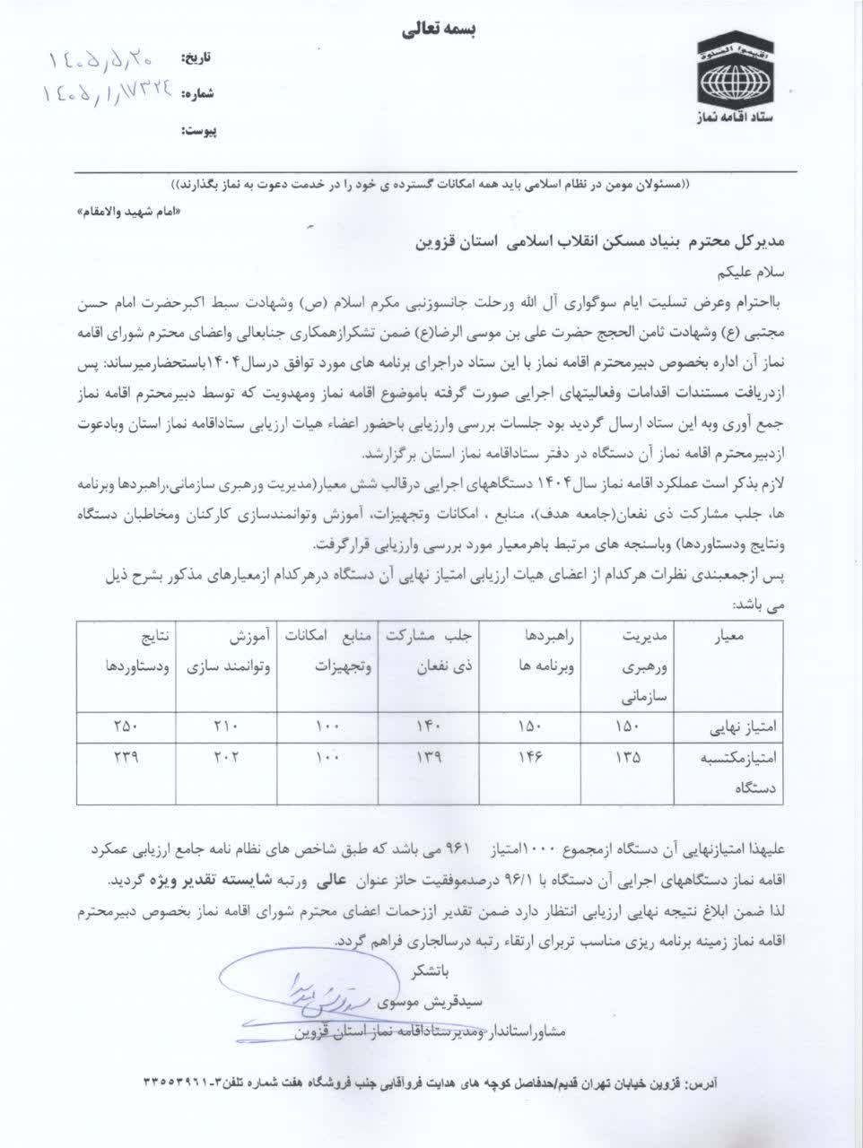 رتبه برتر شایسته تقدیر ویژه نماز برای بنیاد مسکن قزوین